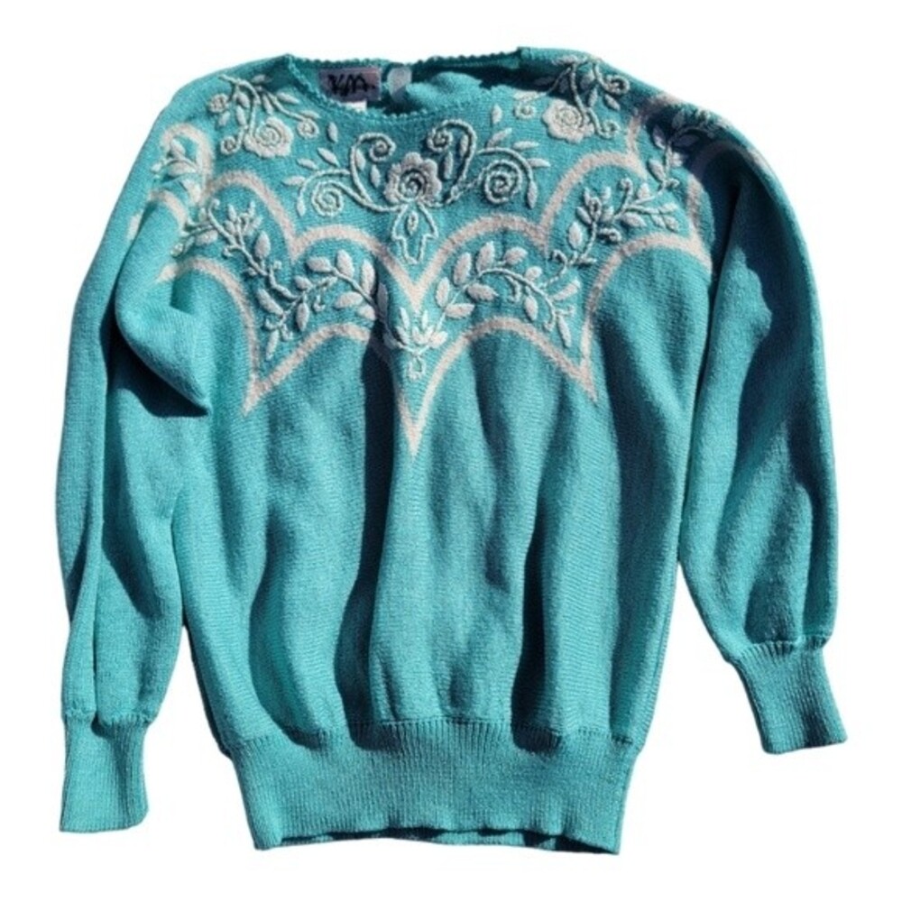 Joeclyn Smith Womens Vintage Sweater Grandma Pullover Floral Embroidered Blue M